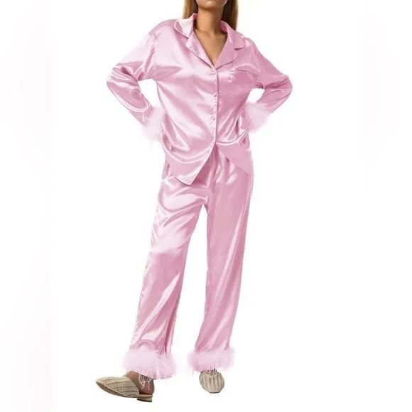 Silk Satin Pajama Set in Pink/White Size Large