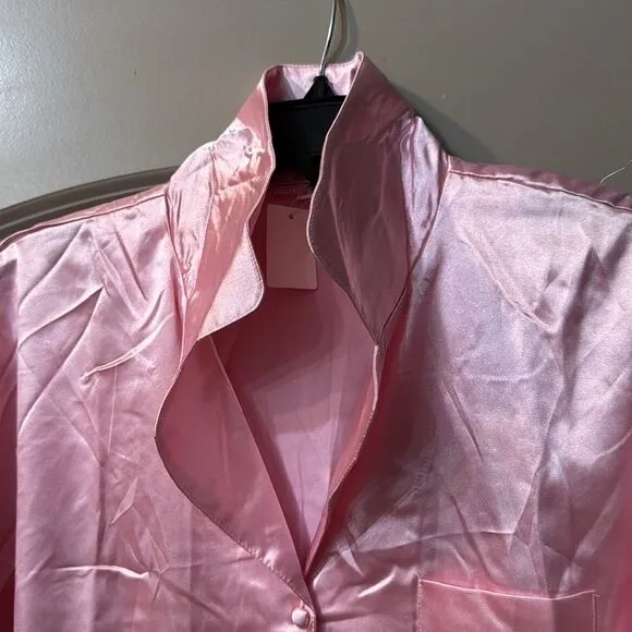 Silk Satin Pajama Set in Pink/White Size Large