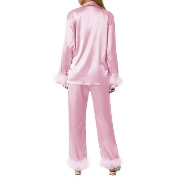 Silk Satin Pajama Set in Pink/White Size Large