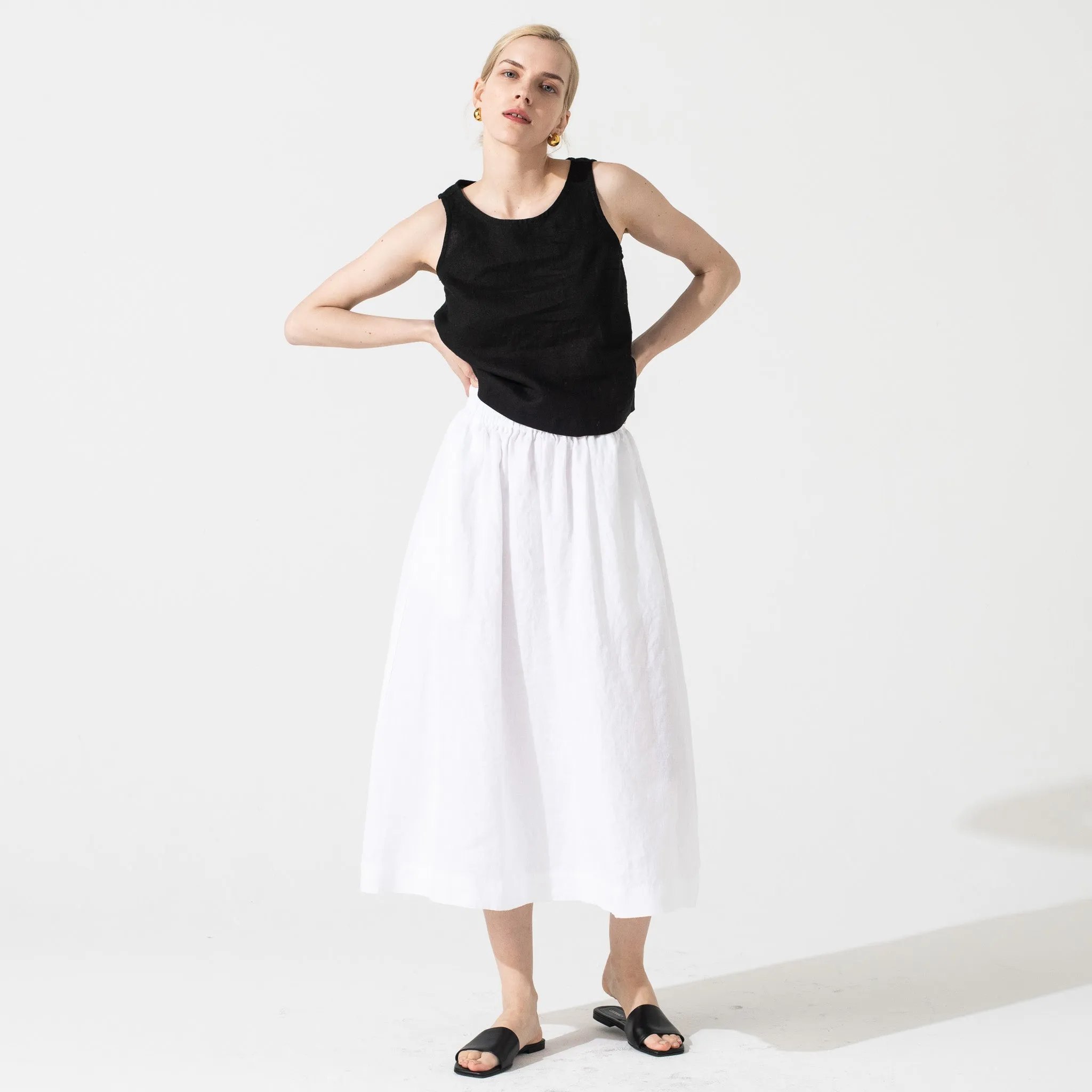 SION gathered linen skirt in White