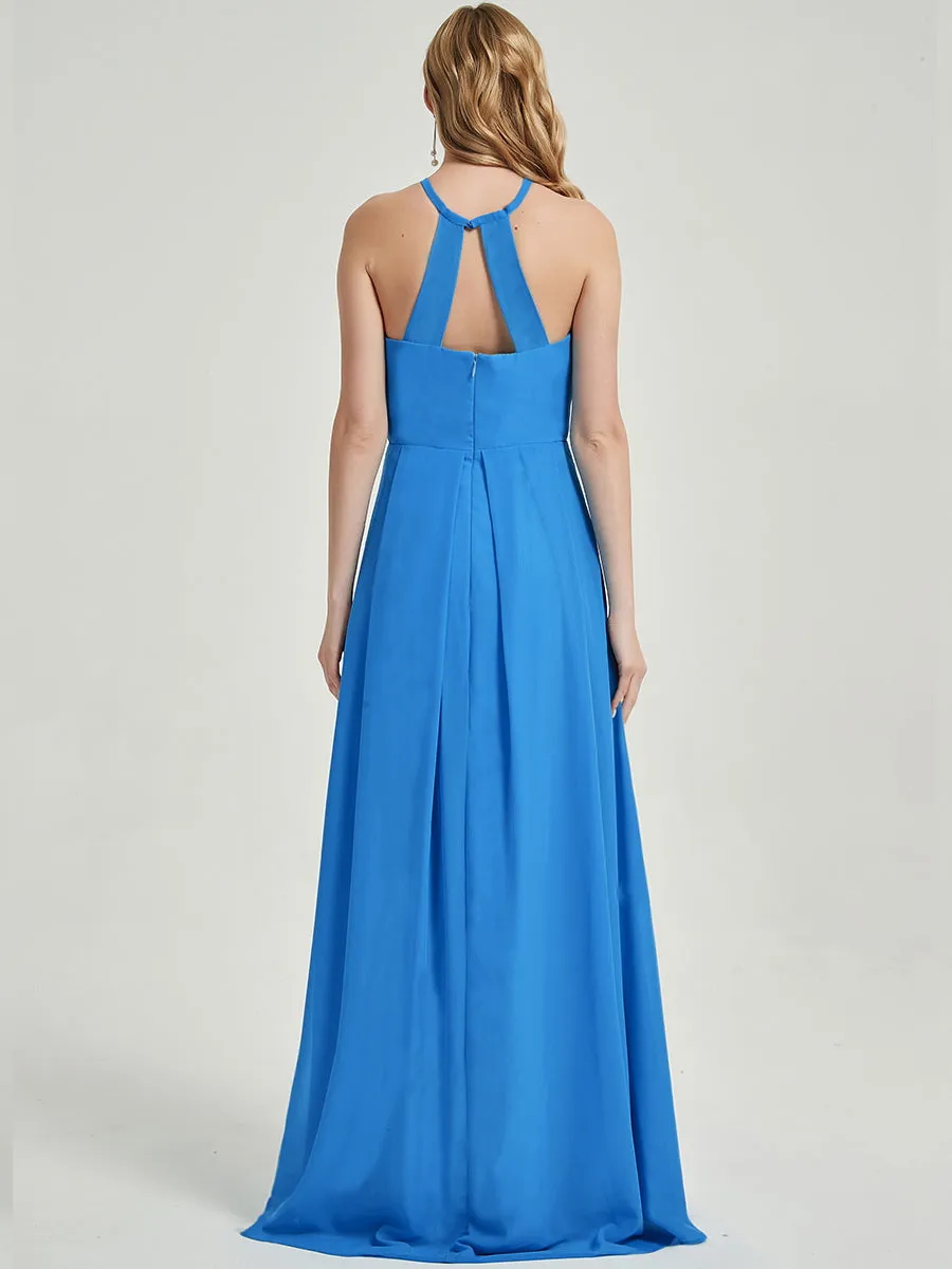Slate Blue Halter Neck Empire Pleated Backless Chiffon Bridesmaid Dress