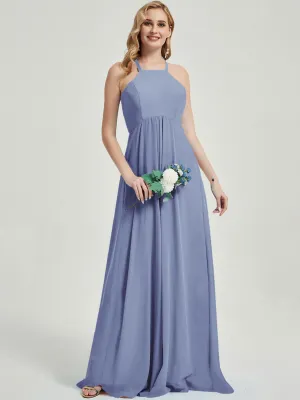 Slate Blue Halter Neck Empire Pleated Backless Chiffon Bridesmaid Dress