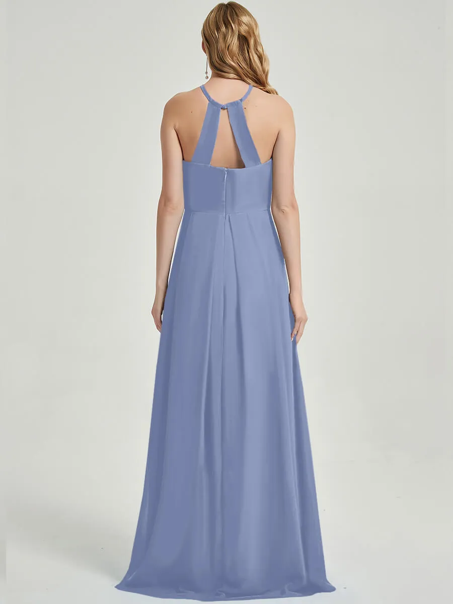 Slate Blue Halter Neck Empire Pleated Backless Chiffon Bridesmaid Dress