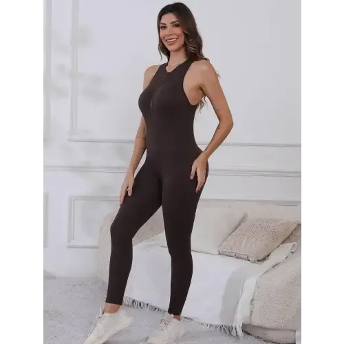 Sleek Coffee Brownie Half Zip Wide Strap Active Jumpsuit
