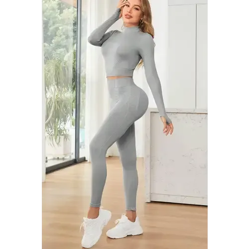Sleek Light Gray Long Sleeve and Leggings Active Set