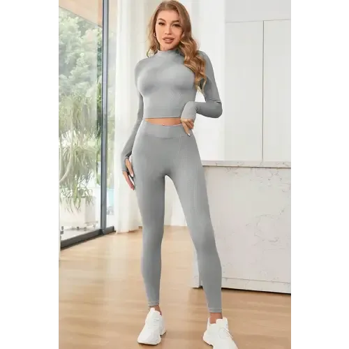 Sleek Light Gray Long Sleeve and Leggings Active Set