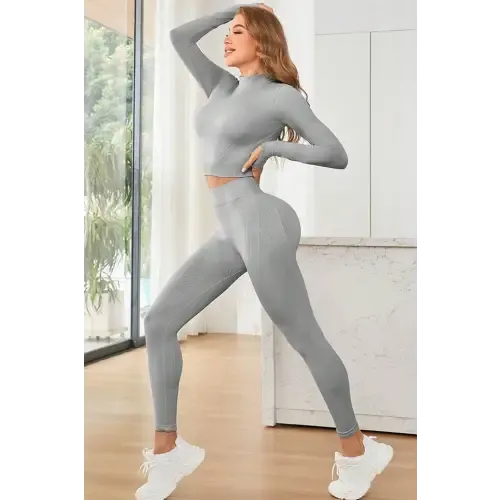 Sleek Light Gray Long Sleeve and Leggings Active Set