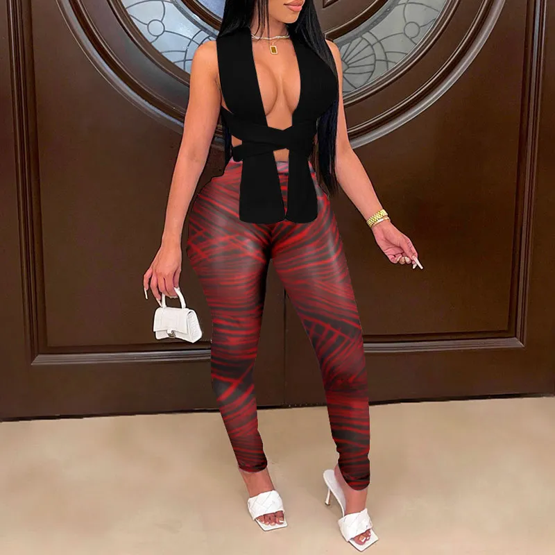 Sleeveless Bandage Crop Top & Print Leggings Set