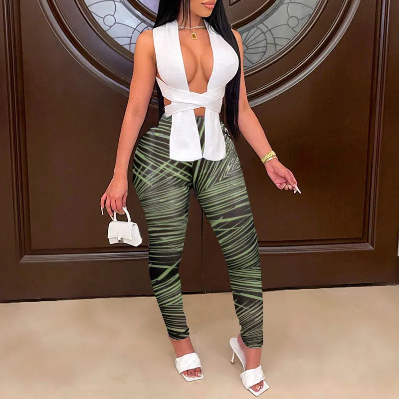 Sleeveless Bandage Crop Top & Print Leggings Set