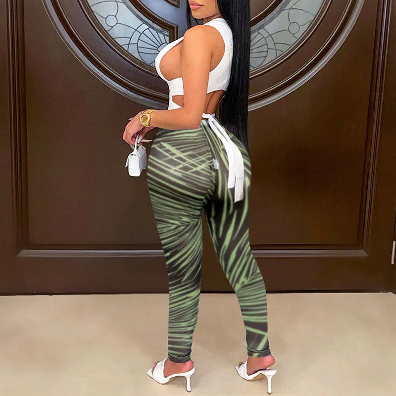 Sleeveless Bandage Crop Top & Print Leggings Set