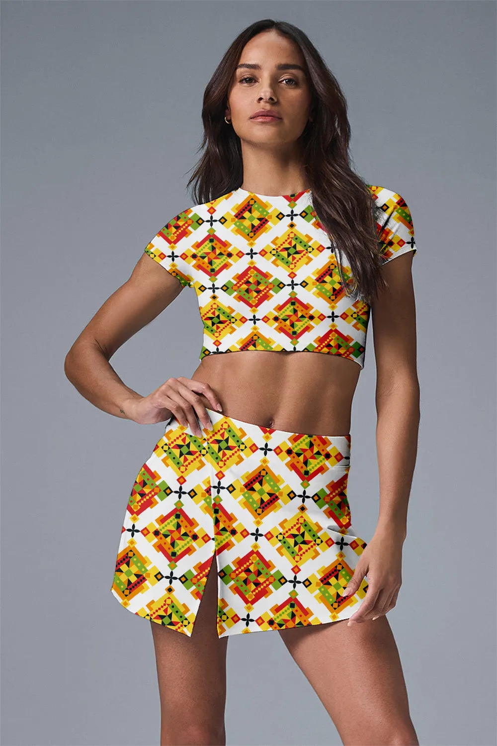 Solar Flare Active Set – 2-Piece Sports Crop Top & Skirt with Shorts | Tennis, Pickleball, Yoga