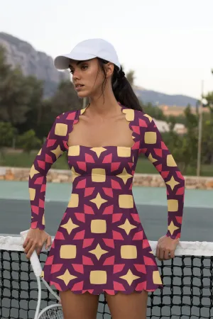 Solar Flare Long Sleeve Tennis Dress – Bold Geometric Print for Active Women