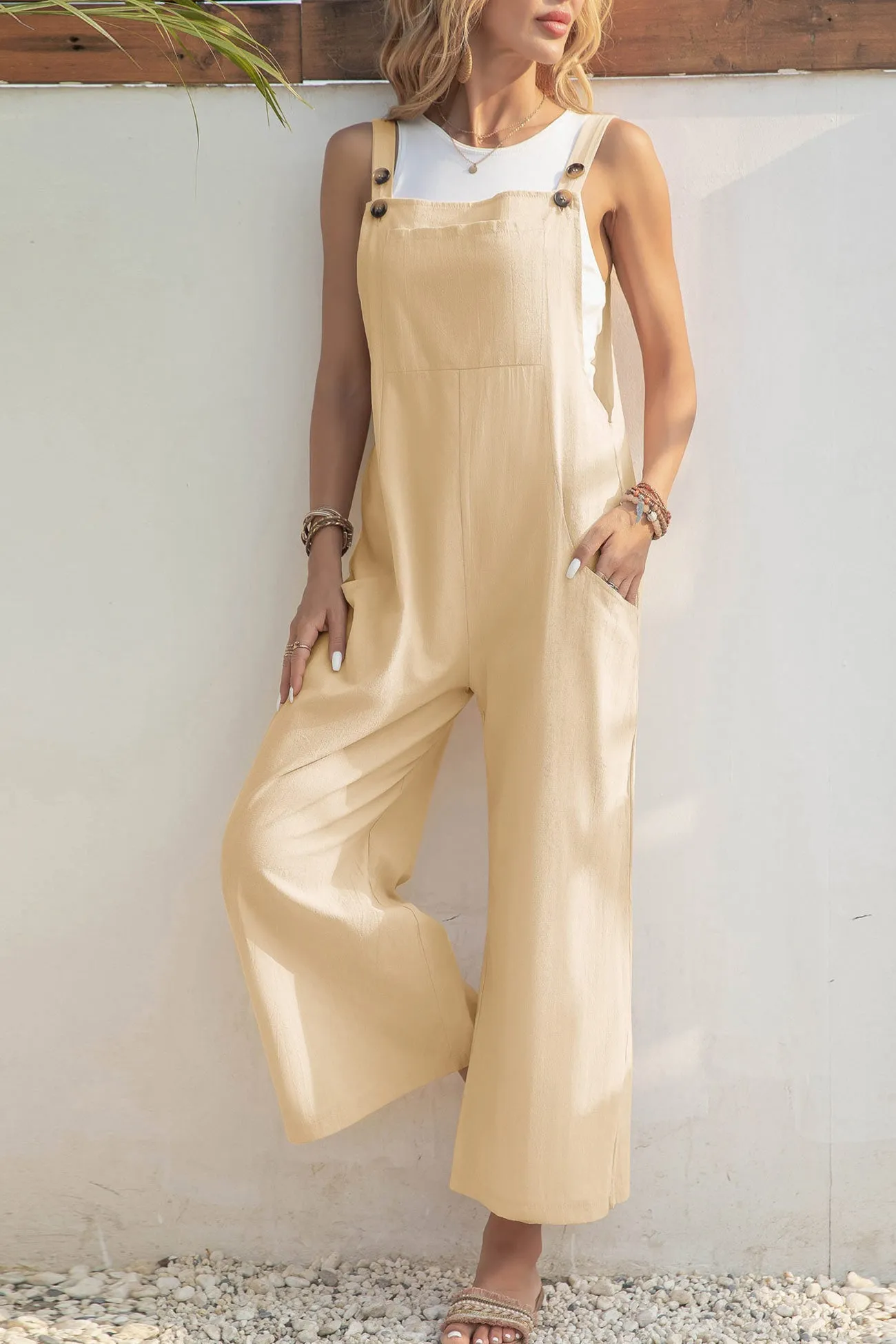 Solid Color Button Closure Pocketed Jumpsuits