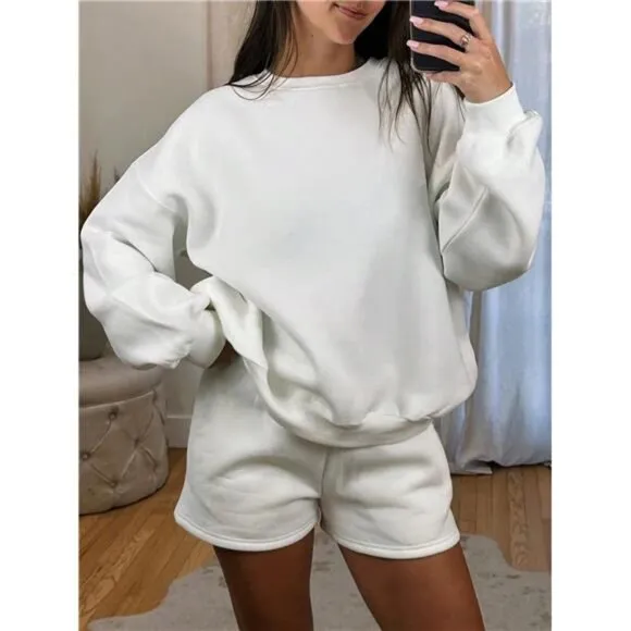 Solid Color Scoop Neck Dropped Shoulder Long Sleeve Sweatshirt And Shorts