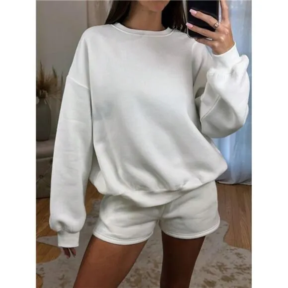 Solid Color Scoop Neck Dropped Shoulder Long Sleeve Sweatshirt And Shorts