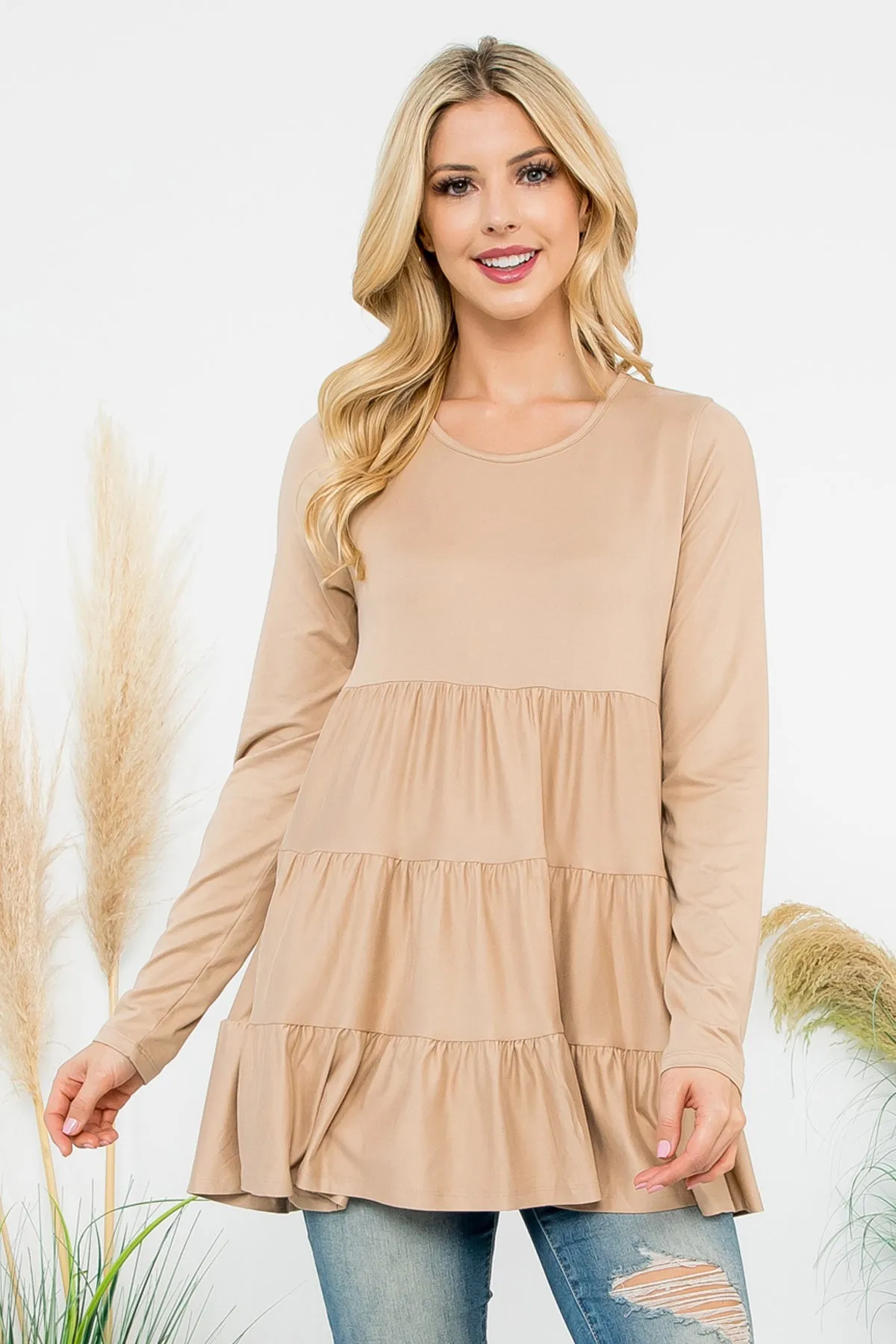 Solid Long Sleeve Tiered Top