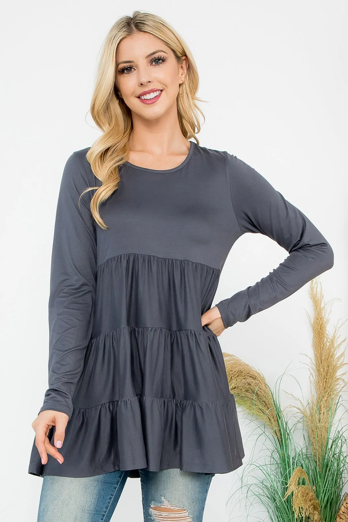 Solid Long Sleeve Tiered Top