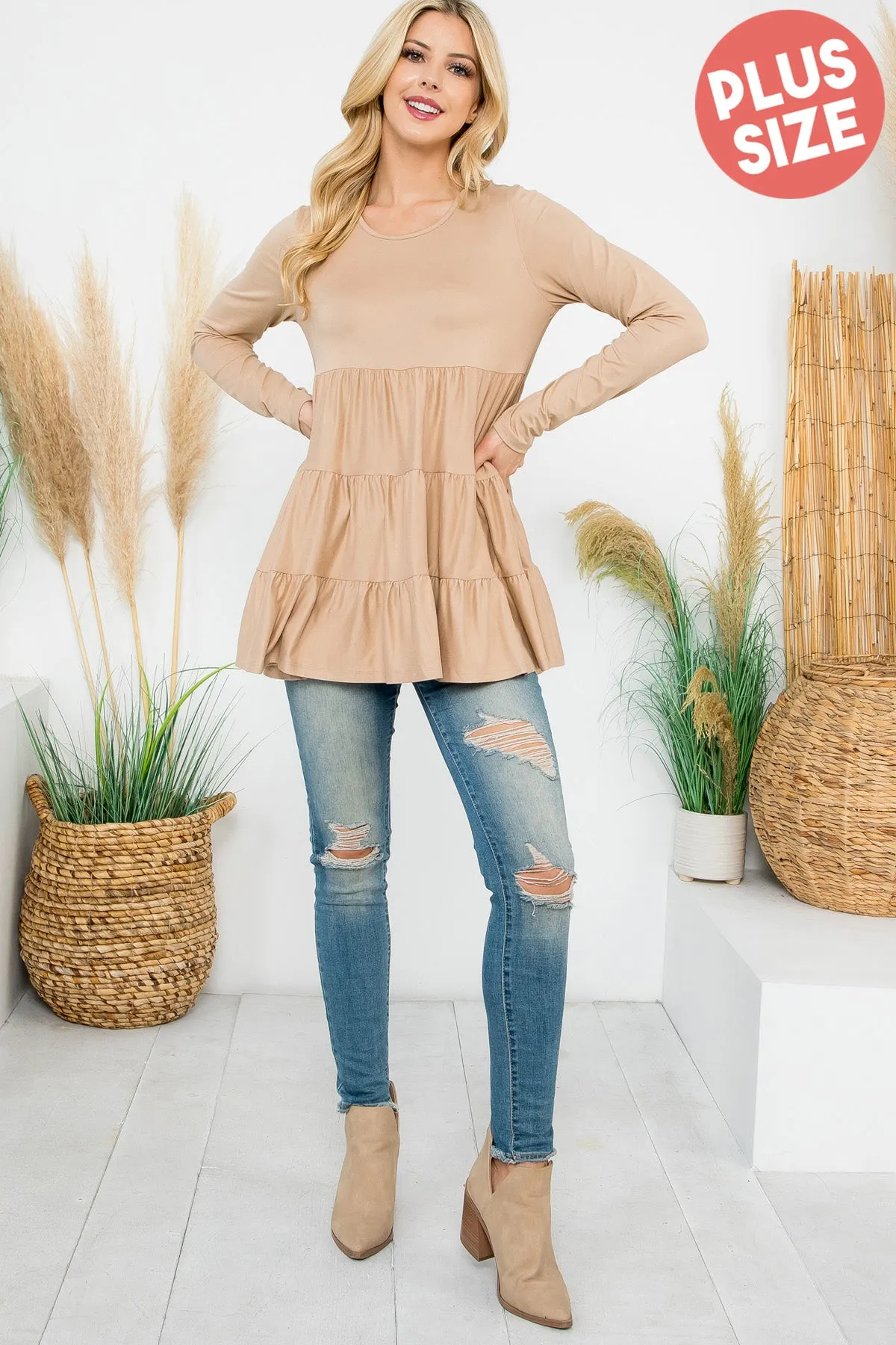 Solid Long Sleeve Tiered Top