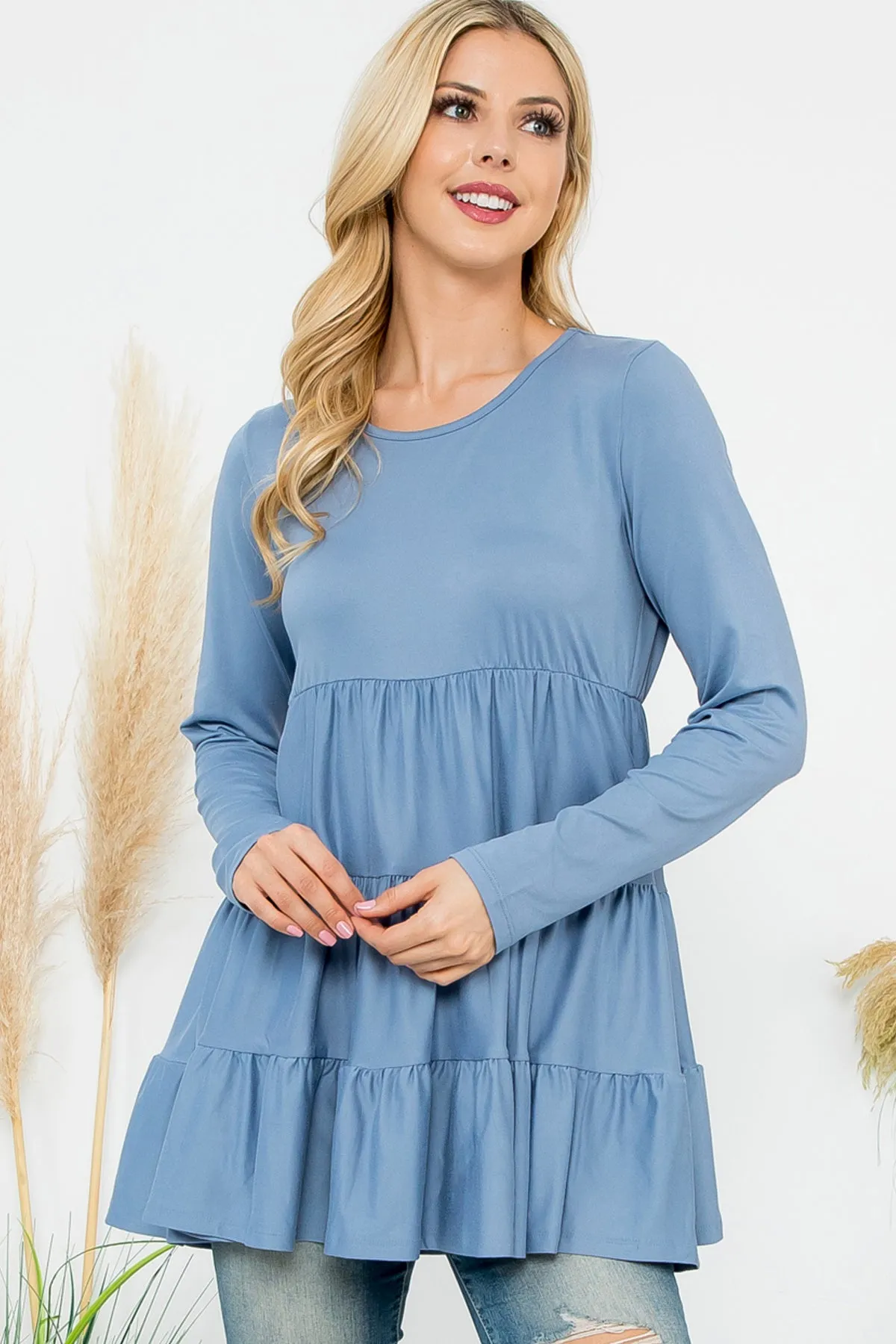 Solid Long Sleeve Tiered Top