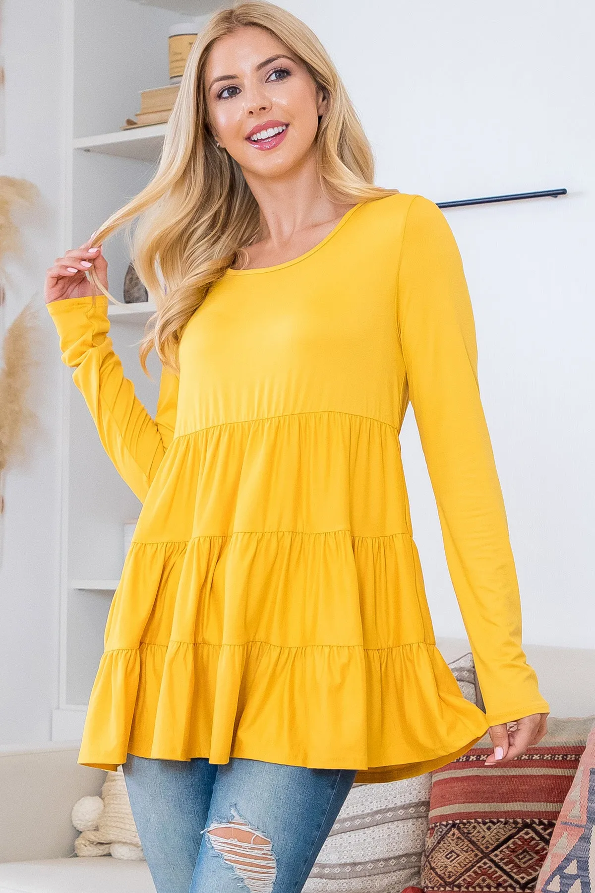 Solid Long Sleeve Tiered Top