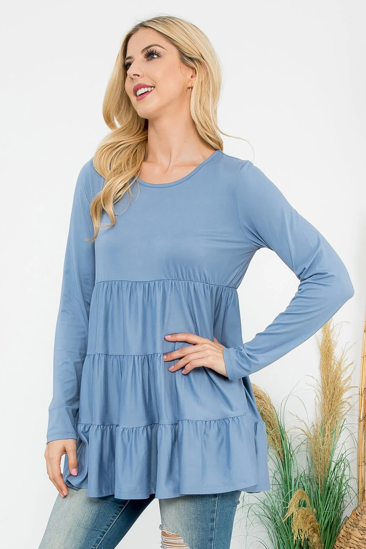 Solid Long Sleeve Tiered Top