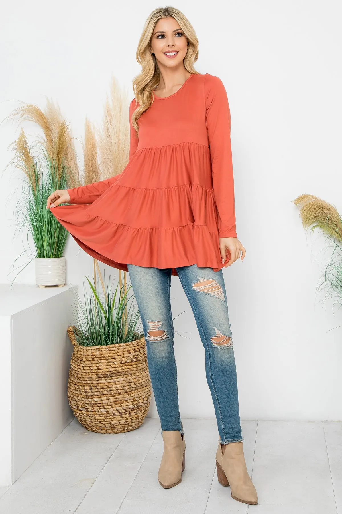 Solid Long Sleeve Tiered Top
