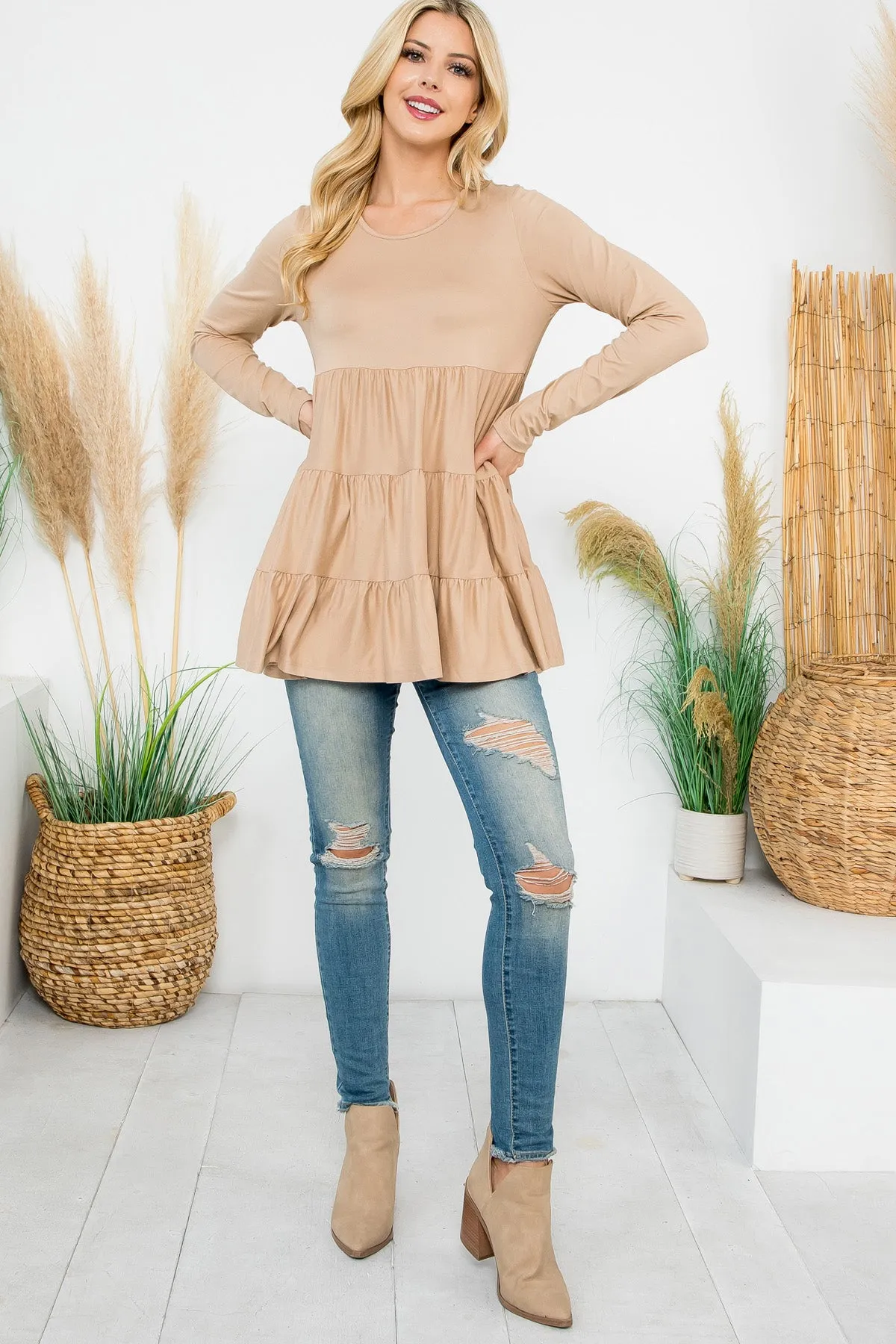 Solid Long Sleeve Tiered Top
