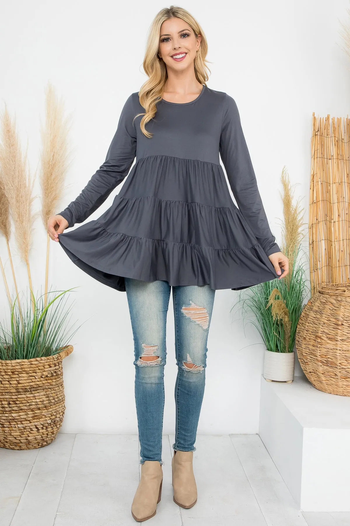 Solid Long Sleeve Tiered Top