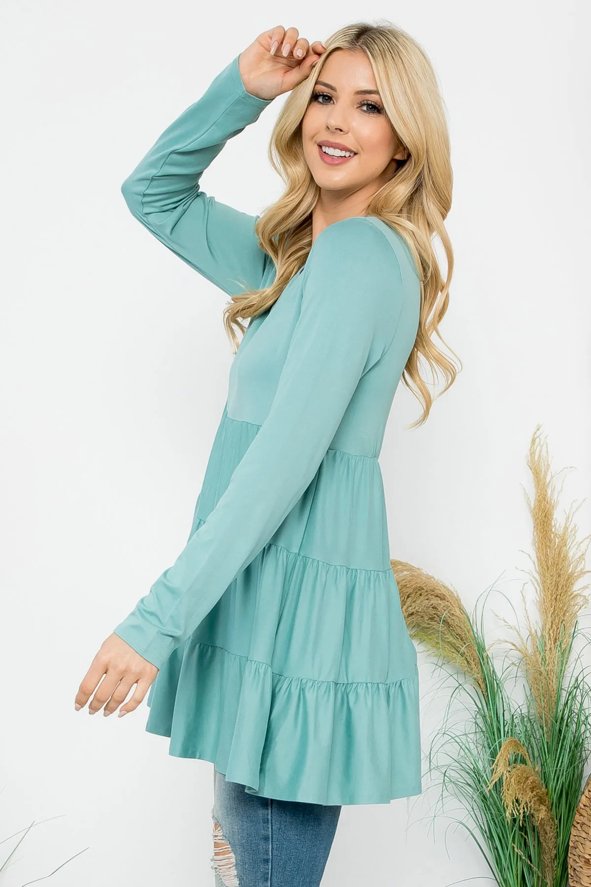 Solid Long Sleeve Tiered Top