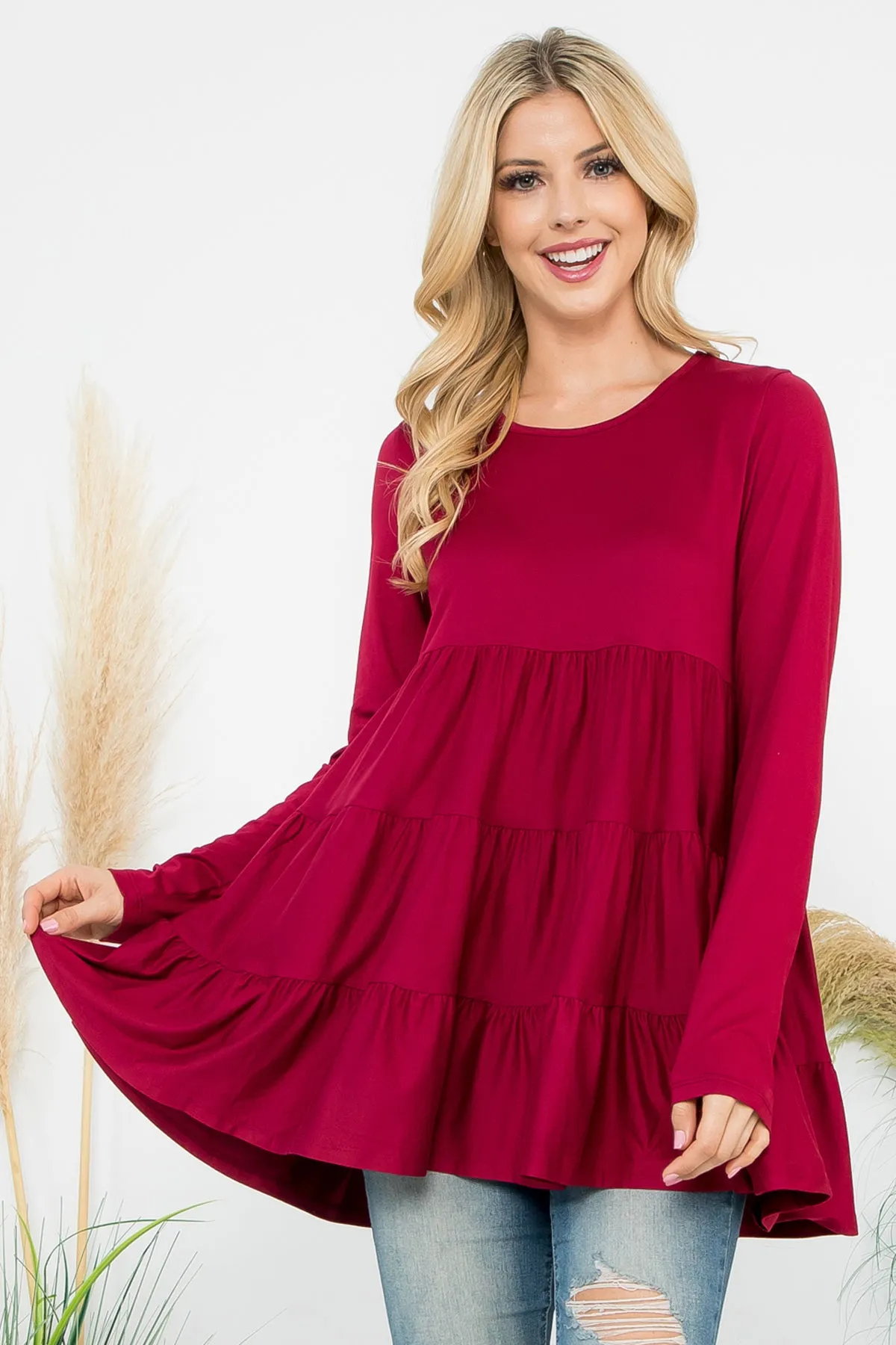 Solid Long Sleeve Tiered Top