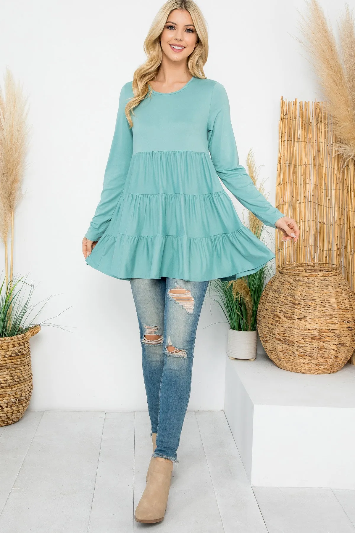Solid Long Sleeve Tiered Top