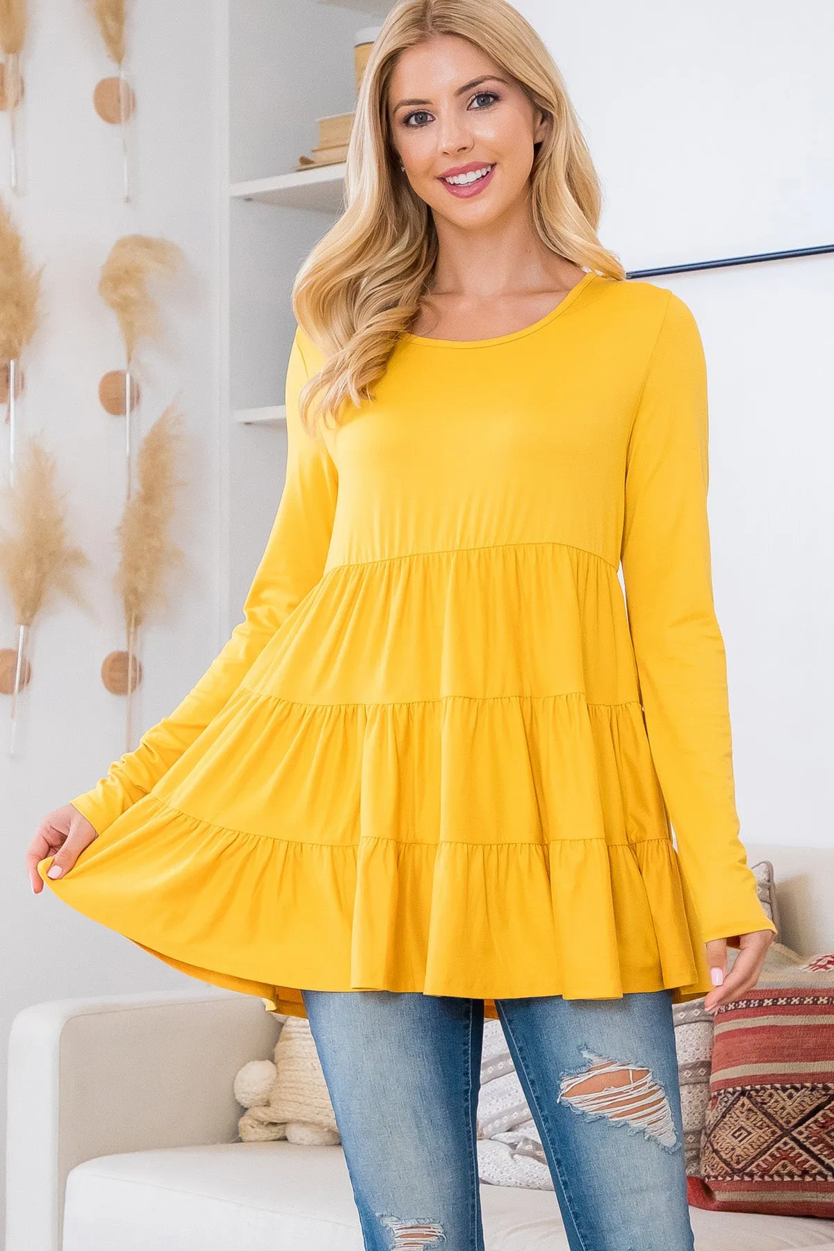 Solid Long Sleeve Tiered Top
