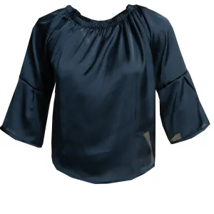 Solid Navy Blue Long Sleeve Off the Shoulder Blouse for Women - Going Out Polka Dots Tops for Ladies
