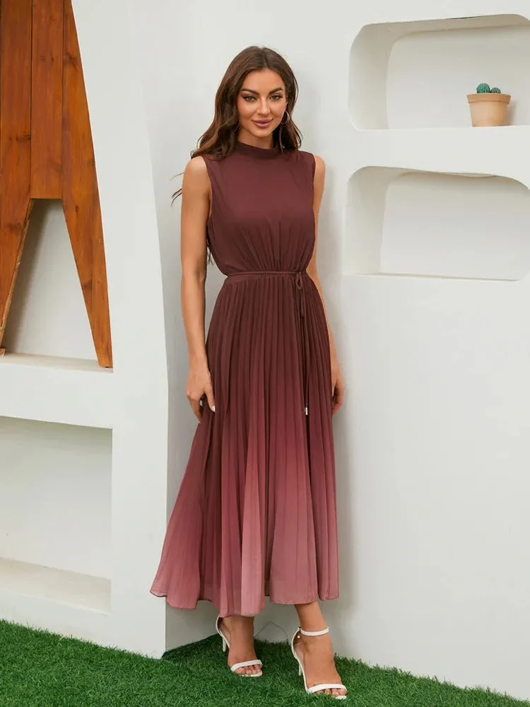 Solid Pleated Printed Casual Dress