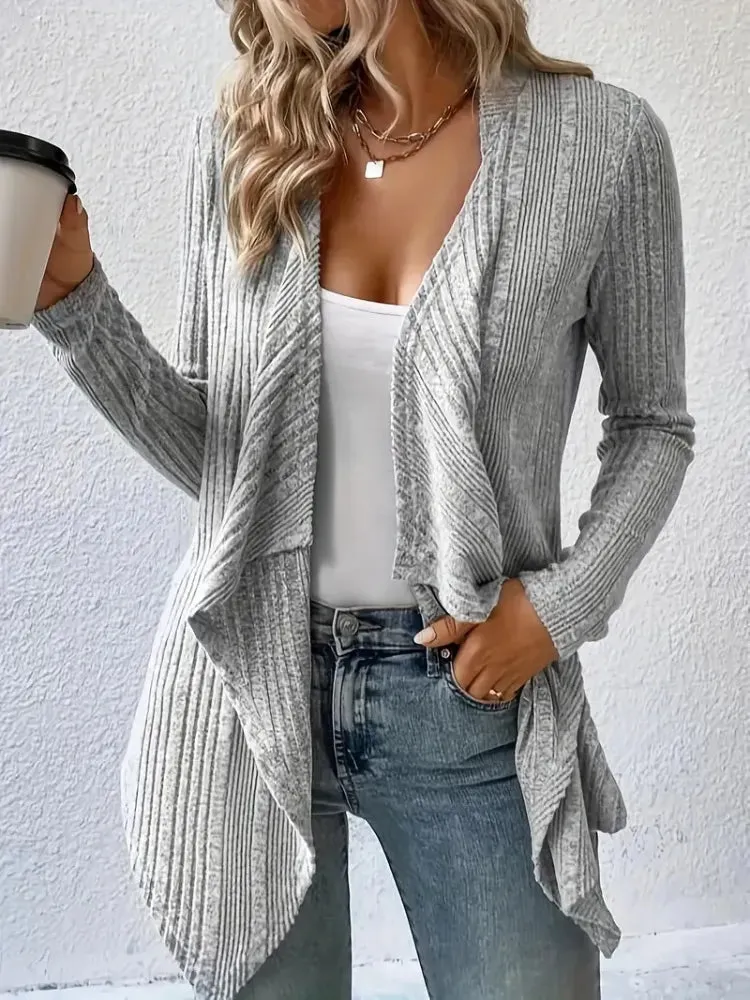 Solid Rib Knit Cardigan, Casual Open Front Long Sleeve Sweater Long Sleeve Cardigan Tops