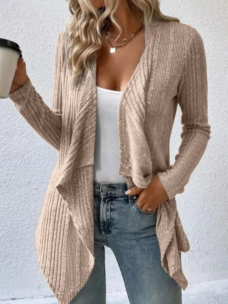 Solid Rib Knit Cardigan, Casual Open Front Long Sleeve Sweater Long Sleeve Cardigan Tops
