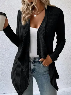 Solid Rib Knit Cardigan, Casual Open Front Long Sleeve Sweater Long Sleeve Cardigan Tops