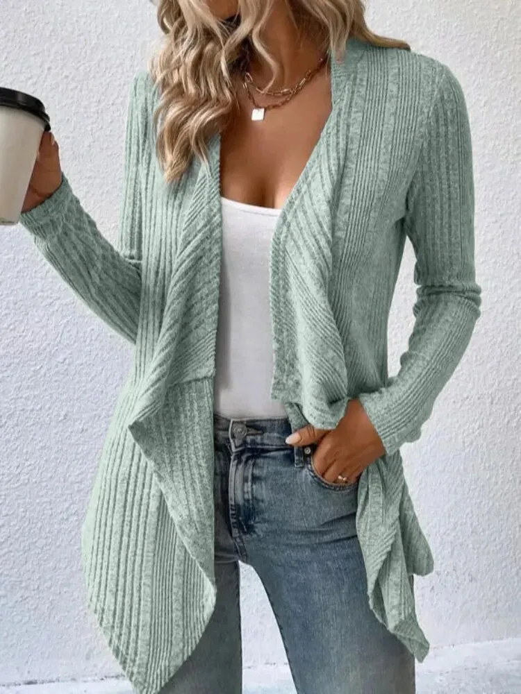 Solid Rib Knit Cardigan, Casual Open Front Long Sleeve Sweater Long Sleeve Cardigan Tops