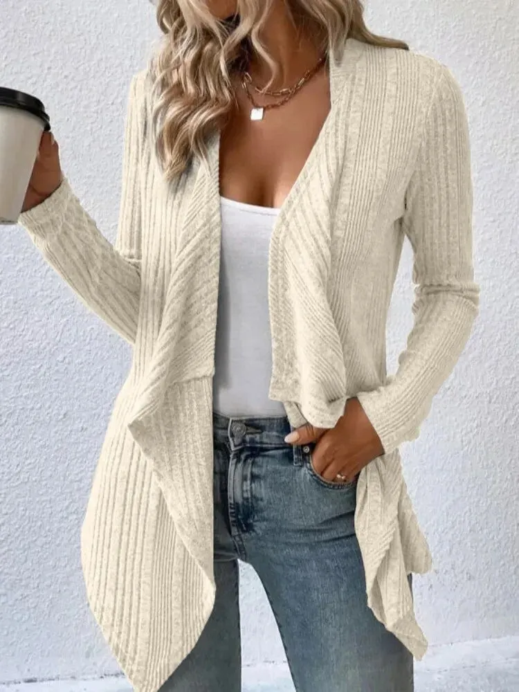 Solid Rib Knit Cardigan, Casual Open Front Long Sleeve Sweater Long Sleeve Cardigan Tops