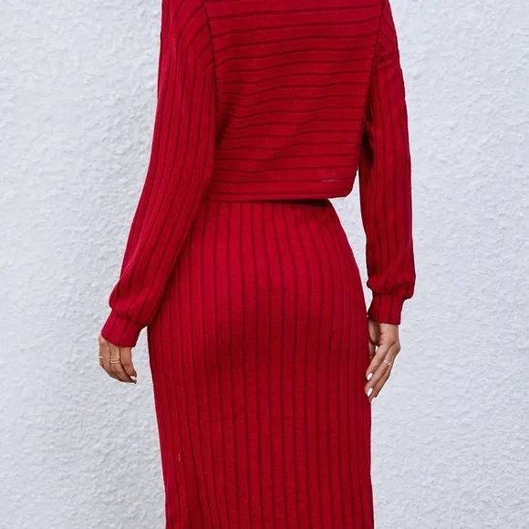 Solid Ribbed Two-piece Set Tops &amp; Bag Hip Midi Skirts Outfits