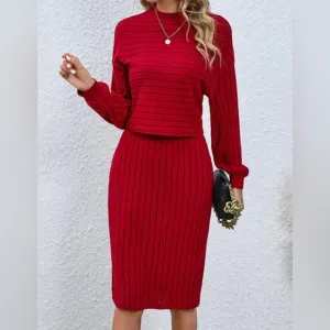 Solid Ribbed Two-piece Set Tops &amp; Bag Hip Midi Skirts Outfits