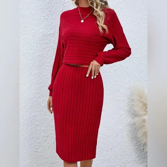 Solid Ribbed Two-piece Set Tops &amp; Bag Hip Midi Skirts Outfits