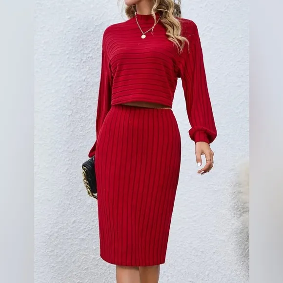 Solid Ribbed Two-piece Set Tops &amp; Bag Hip Midi Skirts Outfits