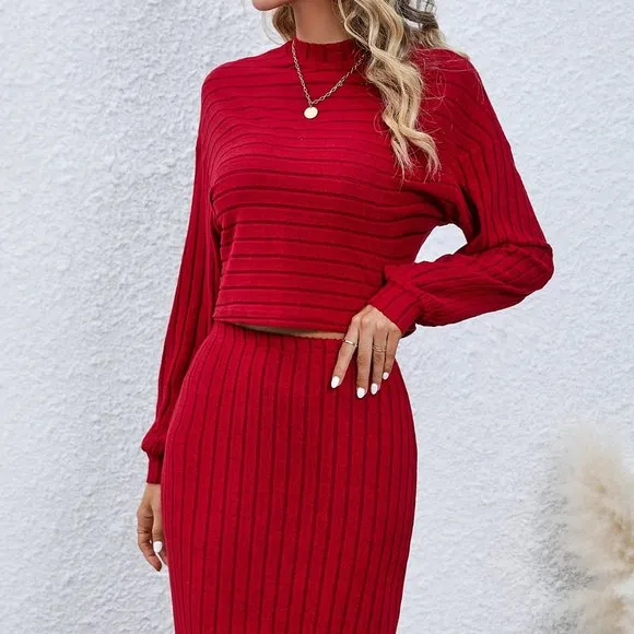 Solid Ribbed Two-piece Set Tops &amp; Bag Hip Midi Skirts Outfits