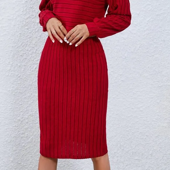 Solid Ribbed Two-piece Set Tops &amp; Bag Hip Midi Skirts Outfits