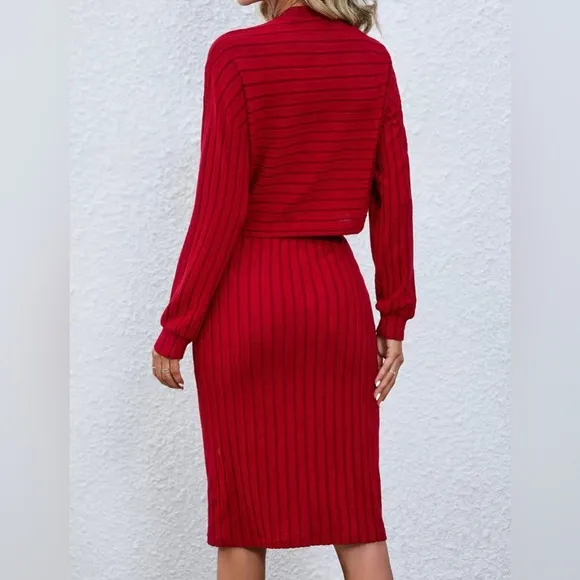 Solid Ribbed Two-piece Set Tops &amp; Bag Hip Midi Skirts Outfits