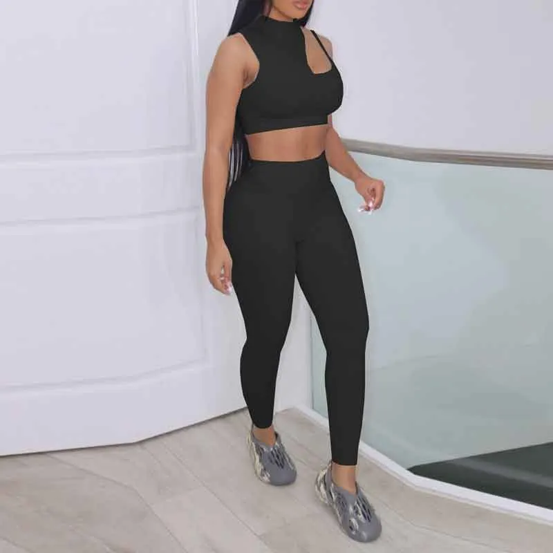 Solid Sleeveless Cut Out Crop Top & Pants Set
