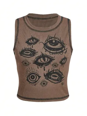 SOLY HUX Womens Y2k Goth Eye Print Crop Tank Top Round Neck Sleeveless Summer Tops Khaki Print S