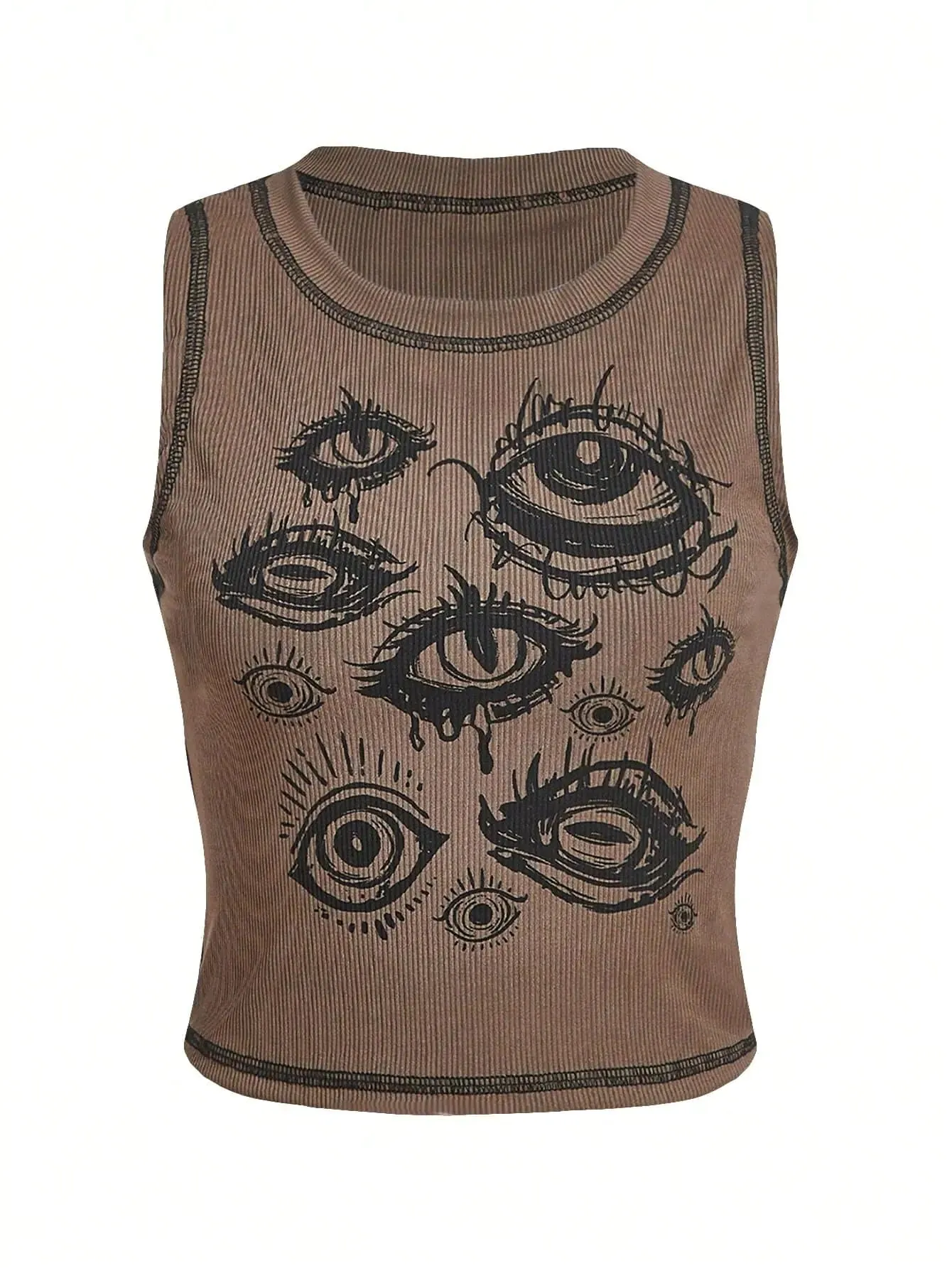 SOLY HUX Womens Y2k Goth Eye Print Crop Tank Top Round Neck Sleeveless Summer Tops Khaki Print S