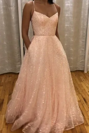 Sparkly Pink Prom Dresses Long A-Line Backless Formal Gown With Pocket